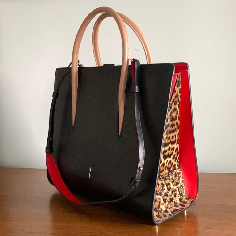 Christian Louboutin Large Black Paloma Leopard Handbag Shoulder Spike Purse